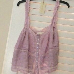 LoveShackFancy Lilac Lace-Trim Button-Front Camisole